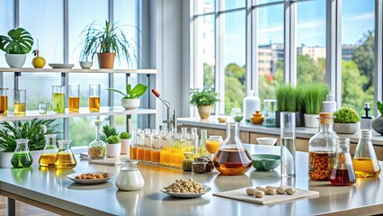 Modern laboratory workspace with various vitamin and supplement bottles, beakers, and equipment, showcasing a scientist's bench for health and wellness product development.