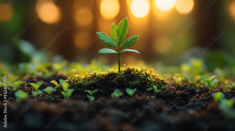 Poster Young green plant growing in soil in