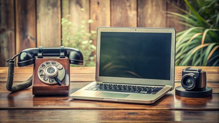 Modern laptop and smartphone beside old rotary phone and film camera, symbolizing the rapid evolution and shift towards digital communication and innovation.