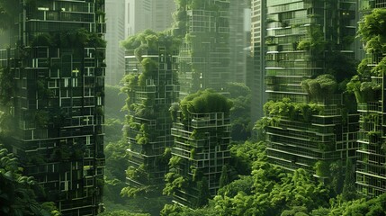 Lush green skyscrapers integrated with nature in a futuristic urban landscape.