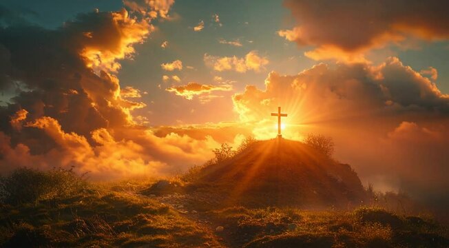 Christian concept: Silhouette cross on mountain sunset