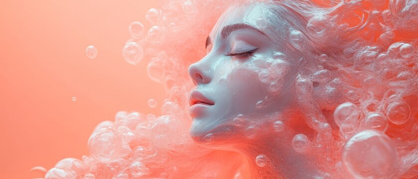 Model submerged in bubbles against a soft pink background