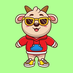 Cute goat wearing hoodie jacket and wearing glasses cartoon animal