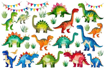 Obraz premium Vibrant Watercolor Dinosaur Art for Fun Birthday Celebrations and Baby Shower Decor