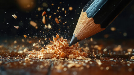 Close-up of Pencil Shavings and Graphite Tip in Motion