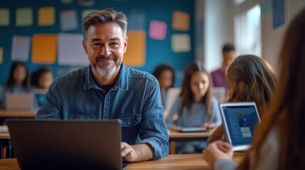A man is sitting at a desk with a laptop in front of him