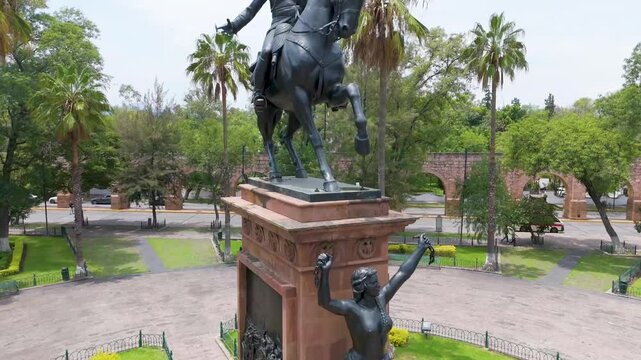 Morelia, Mexico. August 9, 2024. Beautiful aerial shot of the monument to Jose Maria Morelos, national hero and leader of Mexico's independence, in an impressive visual tribute.