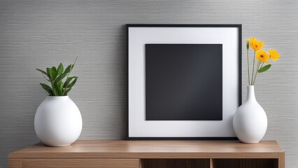 Mockup of white wall wooden frame picture frame mounted on wooden cabinet