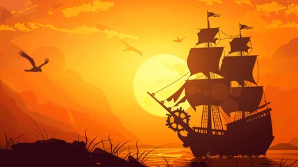 Columbus Day Background with Silhouette of Ship, Steer Wheel and Copy Space Area. Suitable to place on content with that theme