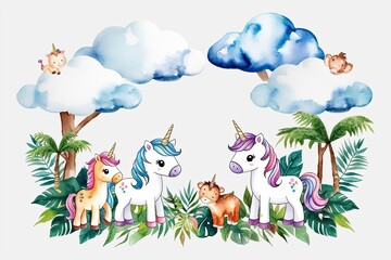 Fototapeta premium Whimsical Watercolor Art Featuring Fluffy Clouds Adorable Baby Unicorns and Enchanting Jungle Animals on a Clean White Background