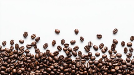 Black coffee beans scattered on a white background, rich and aromatic, the essence of morning