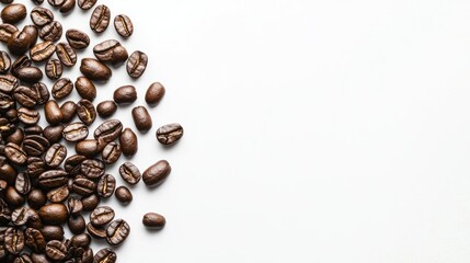 Naklejka premium Black coffee beans scattered on a white background, rich and aromatic, the essence of morning