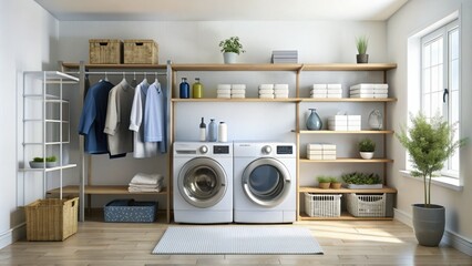 Modern laundry room with sleek washer and dryer machines filled with fresh laundry, surrounded by towels, shirts, and jeans, against a clean white background.