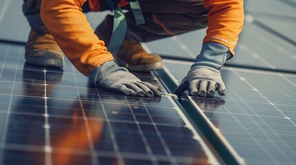 A worker installing solar panels on a rooftop for renewable energy.