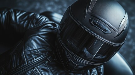 Black motorcycle helmet on a leather jacket, cool and rebellious, ready for the ride