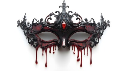 Blood-stained masquerade mask, dripping red accents, Victorian-style design, detailed metalwork, isolated on white background