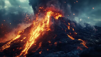 Erupting volcano spewing lava and ash into dark, cloudy sky