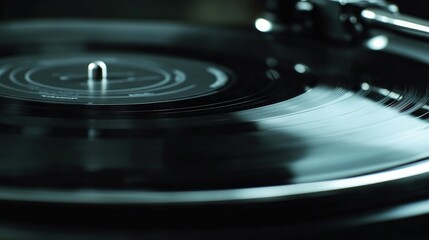 Black vinyl record spinning on a turntable, nostalgic and retro, music in motion