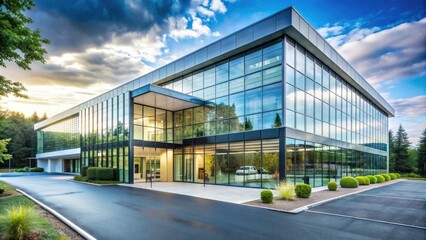 Obraz premium Modern medical facility with large glass windows and sliding doors, surrounded by lush greenery and a spacious parking lot, exuding a sense of calm and professionalism.