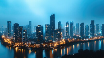 Fototapeta premium Blue city skyline at dusk, urban landscape with glowing lights, serene evening