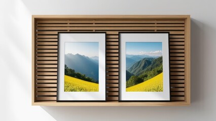 Mockup of white wall wooden frame picture frame mounted on wooden cabinet