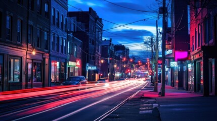 Obraz premium Blue hour in the city with car lights trailing, urban night scene, dynamic and vibrant