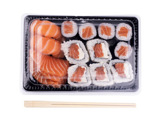 Sushi delivery tray with transparent plastic lid with only top view sashimi lounge with chopsticks