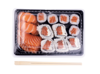 Sushi delivery tray with transparent plastic lid with only top view sashimi lounge with chopsticks