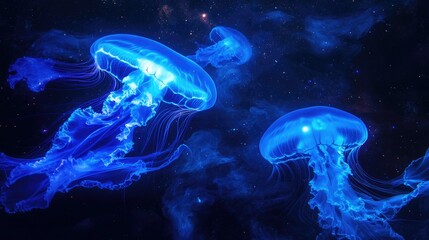Blue jellyfish glowing in the dark ocean, mysterious and ethereal underwater scene