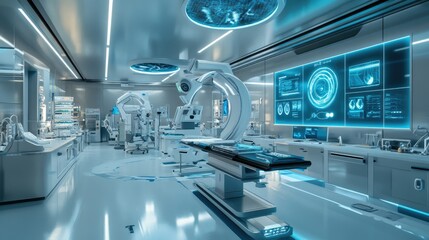Futuristic medical lab with holographic displays and equipment