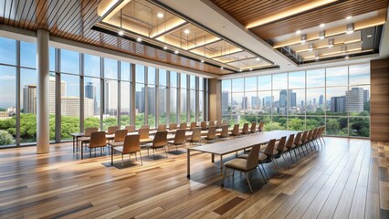 Fototapeta premium Modern minimalist conference hall with sleek wooden floors, high ceilings, and floor-to-ceiling windows, perfect for corporate events, seminars, and networking gatherings.