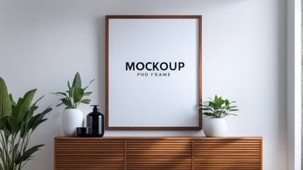 Mockup of white wall wooden frame picture frame mounted on wooden cabinet