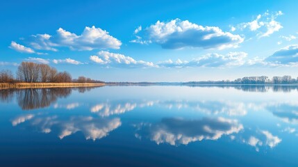 Blue sky reflecting on a still lake, mirror-like water surface, peaceful and serene