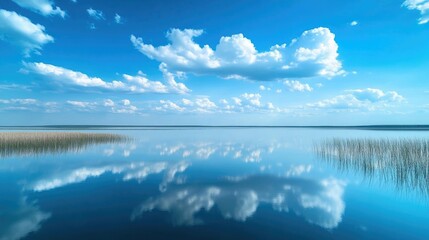 Fototapeta premium Blue sky reflecting on a still lake, mirror-like water surface, peaceful and serene