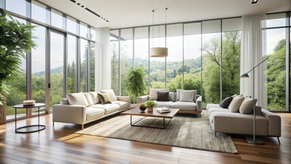 Fototapeta premium Modern minimalist living room with sleek white walls, neutral furniture, and natural light pouring in through floor-to-ceiling windows, creating a serene atmosphere.