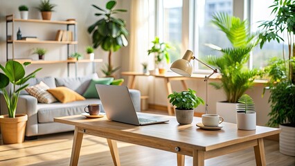 Obraz premium Modern minimalist workspace with a blurred background of a cozy living room, featuring a wooden desk, laptop, and potted plants in a warm natural light.