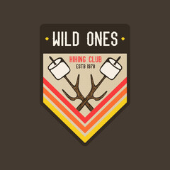 Camping explorer logo badge design with nature landscape. Camp badge graphics in retro style. Travel colorful emblem. Stock label