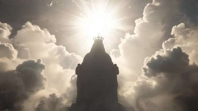 Silhouette of Jesus Christ sitting on the throne in heaven in divinity light  and welcoming his followers. Second coming of Jesus Christ. Biblical scene. Christian religion concept