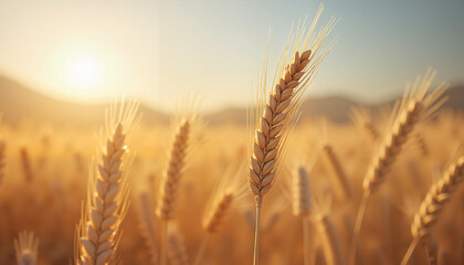 Golden wheat ears serene at sunset in vast field with copy space