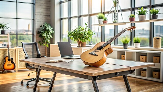 Modern office space with a guitar leaning against a desk, surrounded by notes and laptop, capturing the fusion of creativity and work in a single frame.