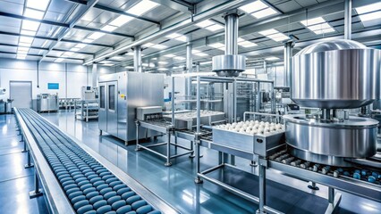 Modern pharmaceutical manufacturing facility with rows of automated machinery, stainless steel equipment, and sterile conveyor belts processing medicinal tablets and capsules.