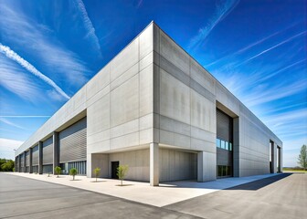 Modern precast reinforced concrete building with clean lines and minimalistic design stands empty, awaiting occupancy, surrounded by a desolate urban landscape.