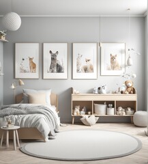 mock poster frame in kids bedroom scandinavian style interior background. 3d rendering