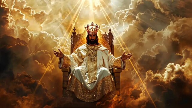Jesus Christ sitting on the throne in heaven in divinity light and welcoming his followers. Second coming of Jesus Christ. Biblical scene. Christian religion concept