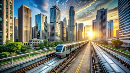 Fototapeta premium Modern silver commuter train speeds through the city, passing by tall skyscrapers and busy streets, with blurred motion capturing its morning rush hour routine.