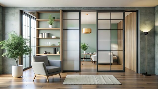 Modern sliding pocket door with frosted glass inserts glides smoothly into wall niche, revealing a stylish and space-saving room divider in a sleek interior setting.