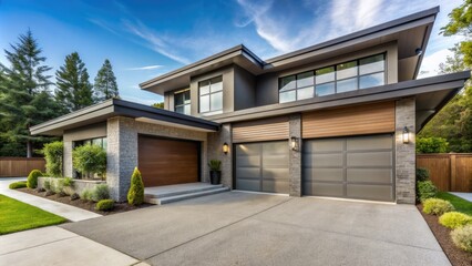 Modern suburban home exterior with Clean concrete driveway leading to pair of elegant steel garage doors with windows under a sloping roof overhang.