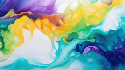 Abstract fluid art with vibrant swirls of yellow, blue, purple, and green creating a dreamy background , ai