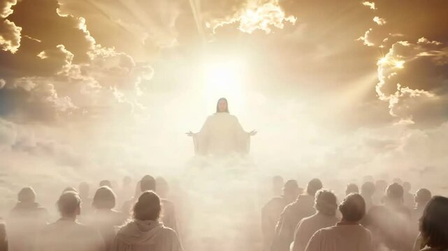 Silhouette of Jesus Christ sitting on the throne in heaven in divinity light and welcoming his followers. Second coming of Jesus Christ. Biblical scene. Christian religion concept