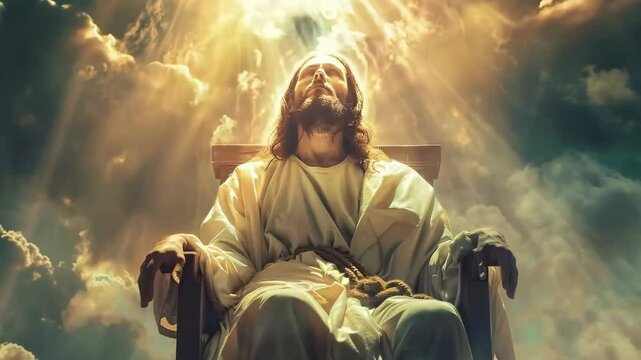 Jesus Christ sitting on the throne in heaven in divinity light and welcoming his followers. Second coming of Jesus Christ. Biblical scene. Christian religion concept